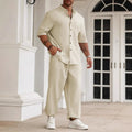 Men's casual apricot cotton linen short-sleeve shirt and trousers set laid flat.