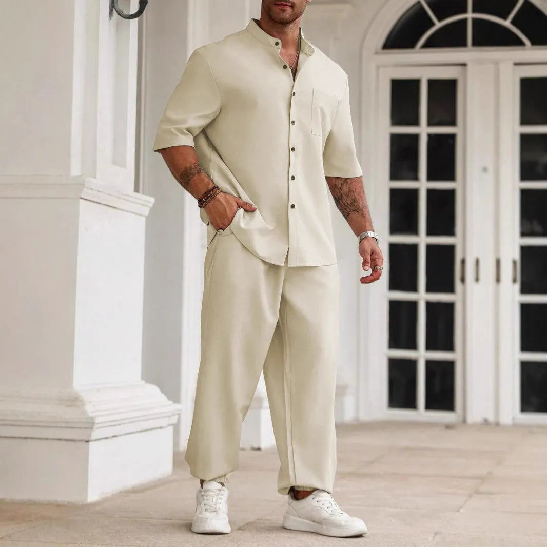 Men's casual apricot cotton linen short-sleeve shirt and trousers set laid flat.