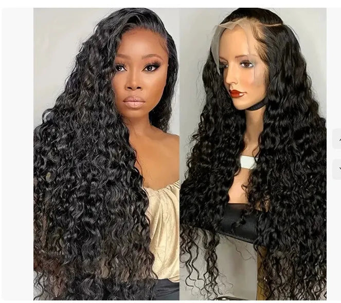 Curly human hair wig with lace frontal shown in various lengths from short to long.