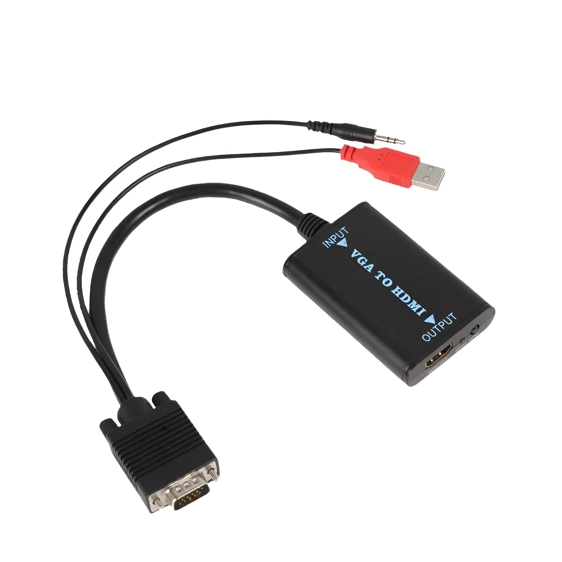 Black VGA to HDMI female converter with USB power input and 3.5mm audio jack