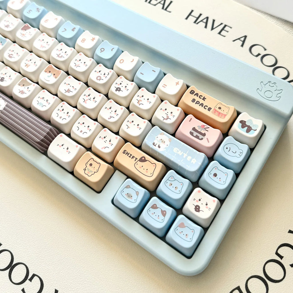 High Sea Salt Cat themed PBT mechanical keyboard keycap sets showing design details and packaging options