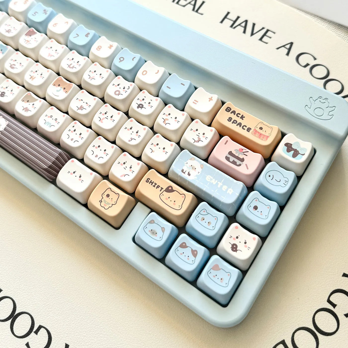 High Sea Salt Cat themed PBT mechanical keyboard keycap sets showing design details and packaging options