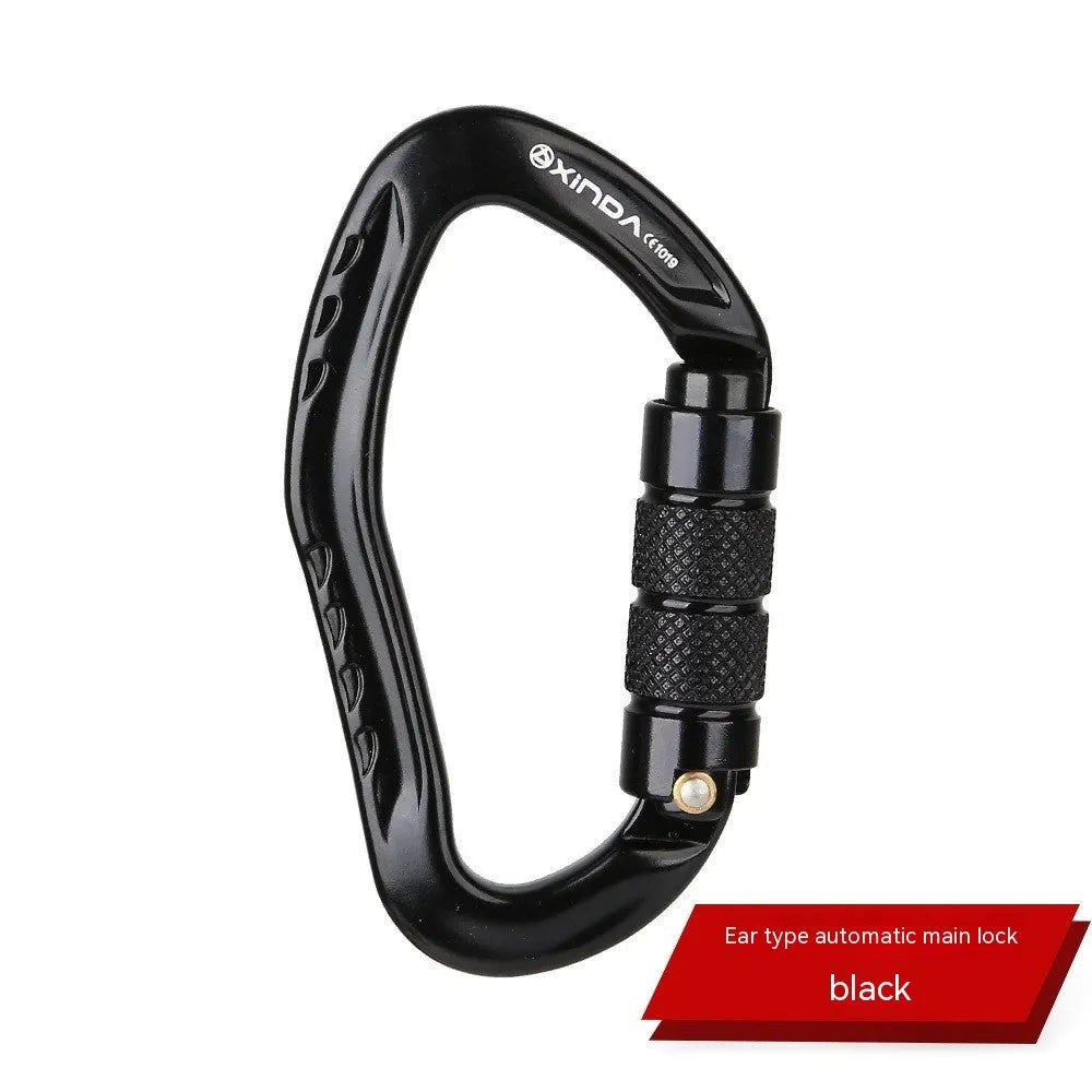Climbing carabiner with automatic master lock in black, blue, orange, red, or silver colours for rock climbing equipment