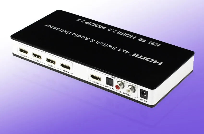 Black HDMI audio switch with remote control for 4 input 1 output video switching