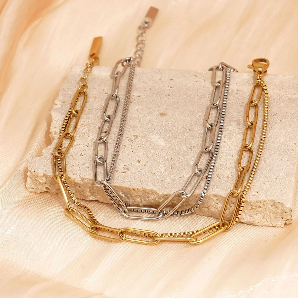 Geometric line women's bracelet with double layer stainless steel construction in gold or silver electroplated finish