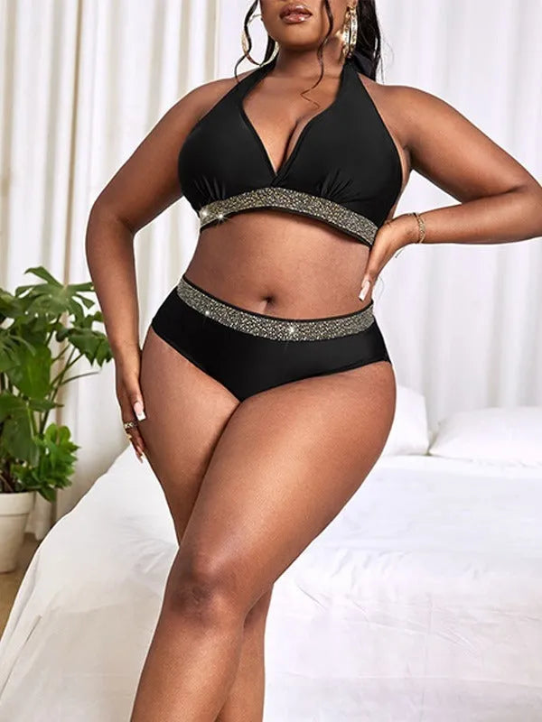 Black plus size women's two-piece bikini swimsuit on hanger