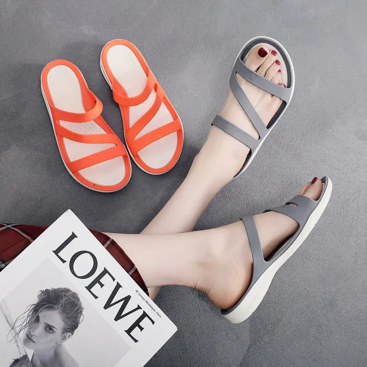 Women's solid colour beach sandals with PP upper material in red, purple, blue, black, grey, or pink options