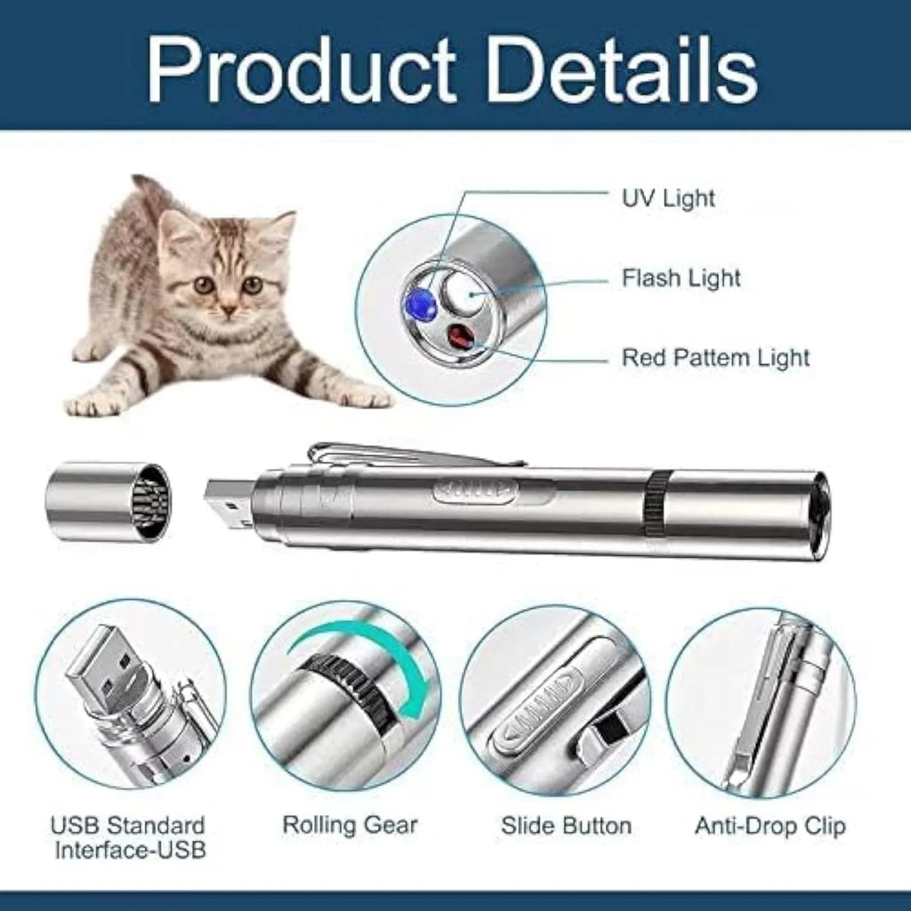 Silver aluminium cat laser pointer toy with USB charging and metal clip