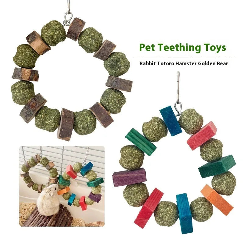 Hamster toy with woven straw ball ring and attached chew rod, shown in two colour variants.