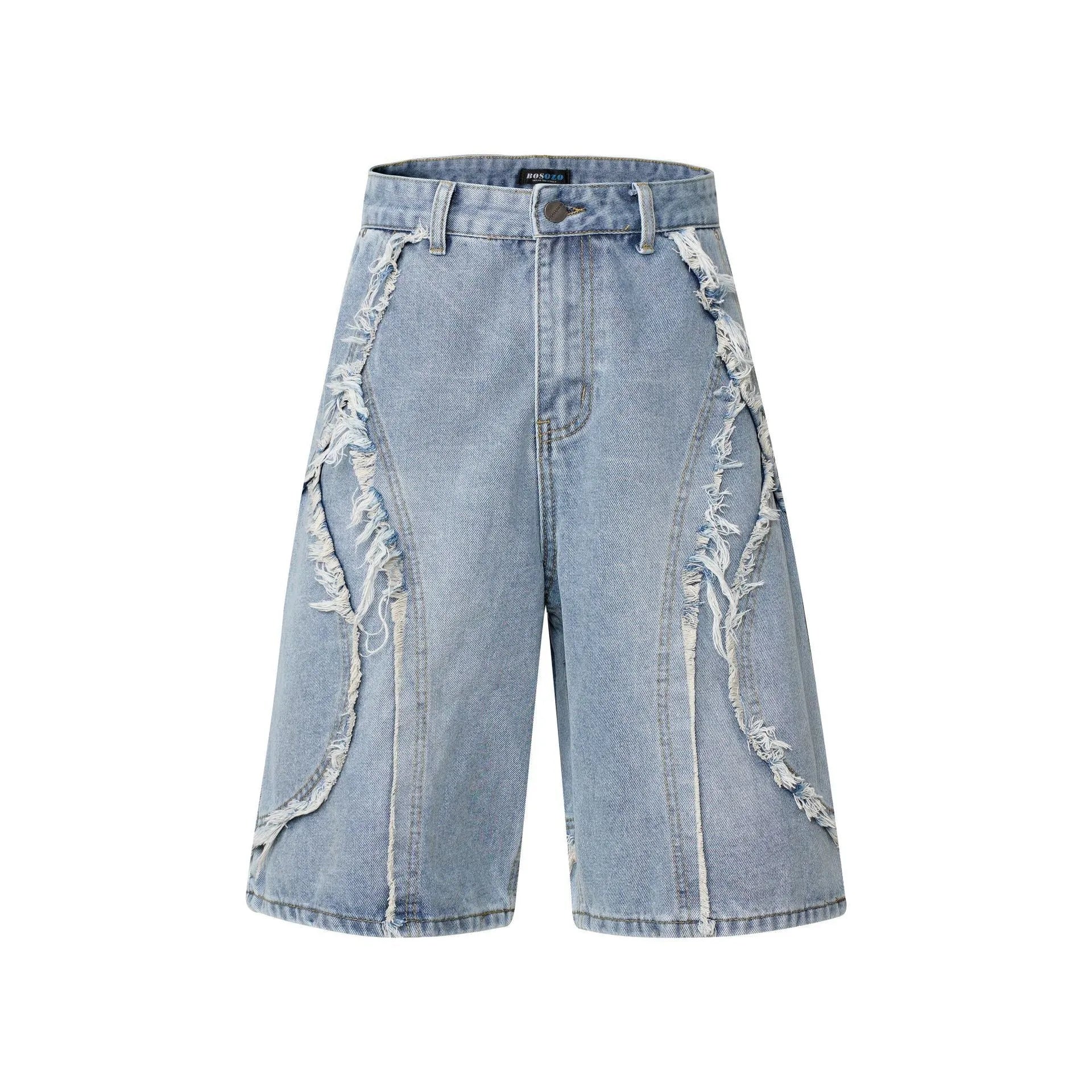 American Pu Shuai men's distressed denim shorts with raw edge trim in black, straight leg cropped fit.