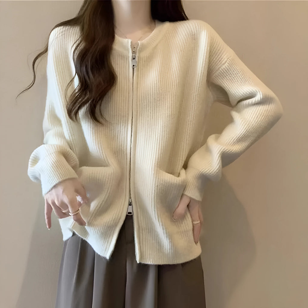 Beige viscose fibre cardigan coat with long sleeves and temperature-sensitive fabric