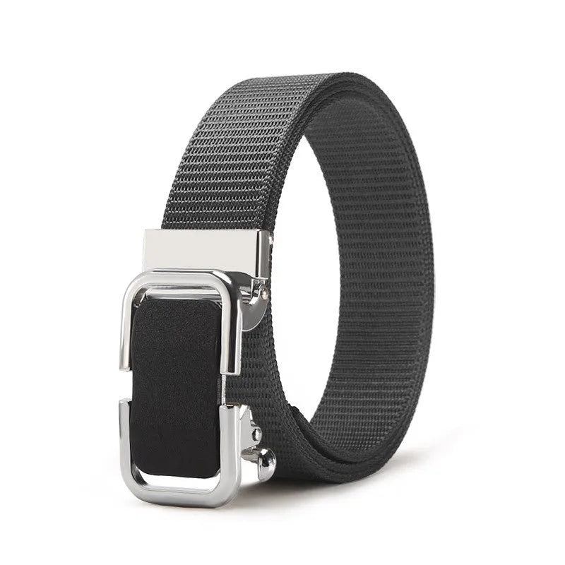 Men's nylon canvas belt with toothless alloy buckle shown in army green colour