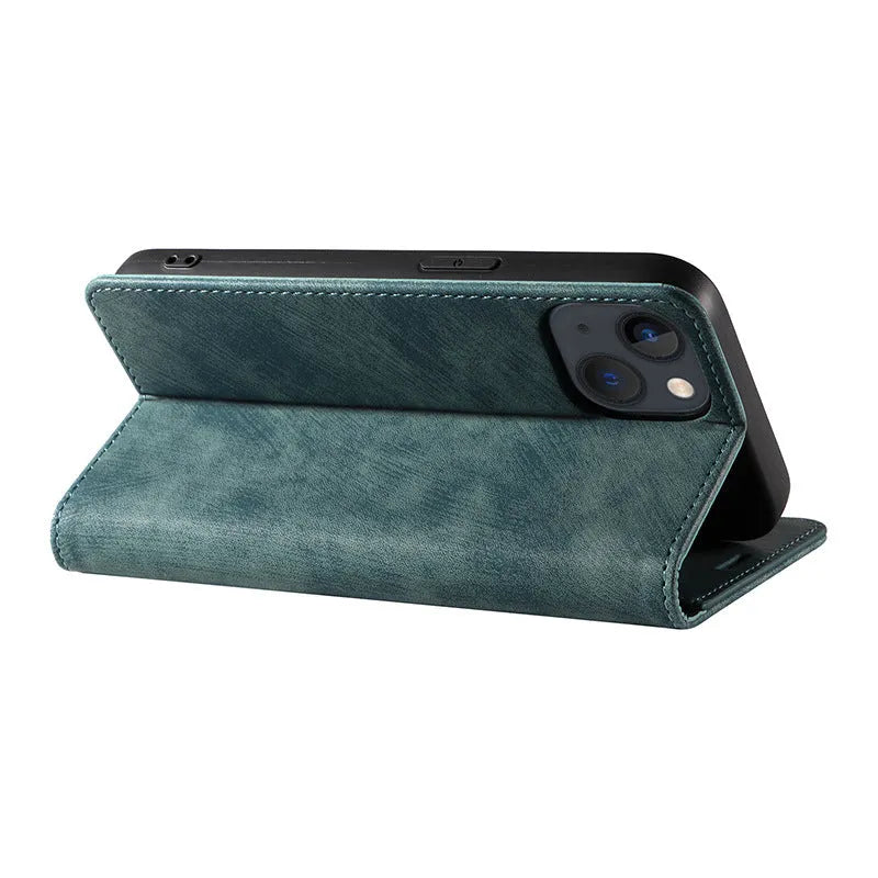 Magnetic leather flip phone case for iPhone in solid colours showing front and back views.