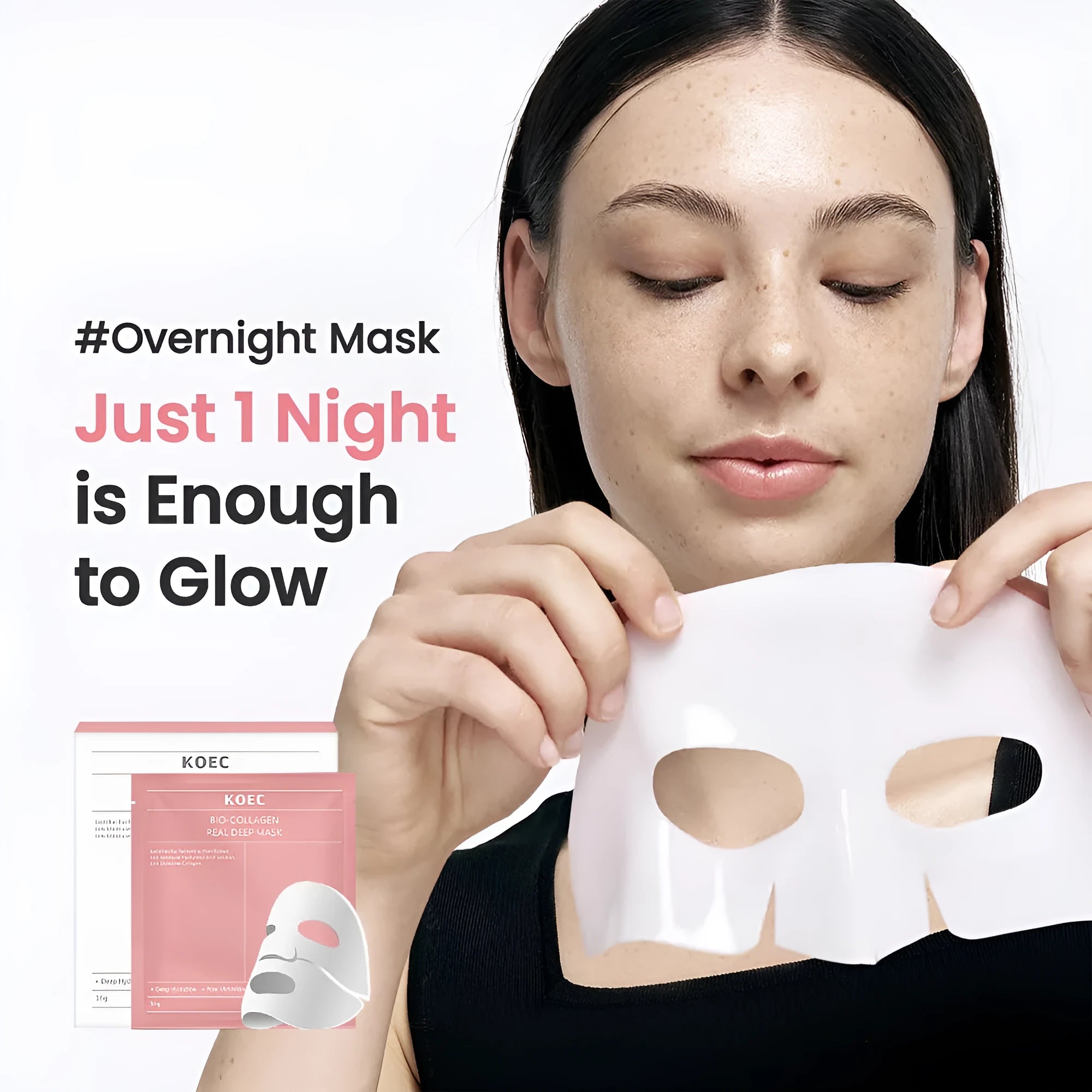 KOEC Collagen Mask set with transparent BIO-COLLAGEN gel masks and peptide essence in 30ml bottle