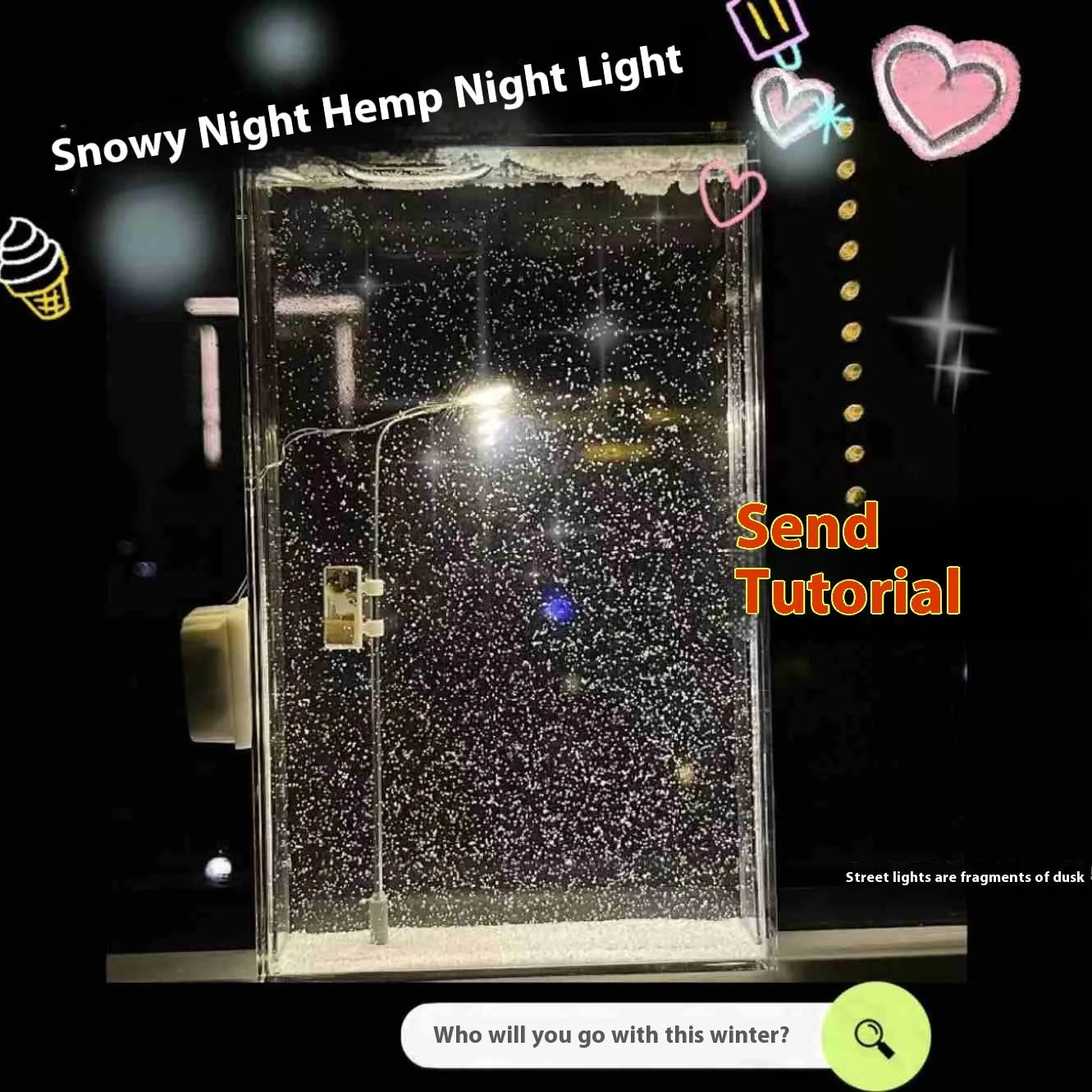 DIY snowy night landscape lights kit showing small street light with flowing snow effect for desktop decoration
