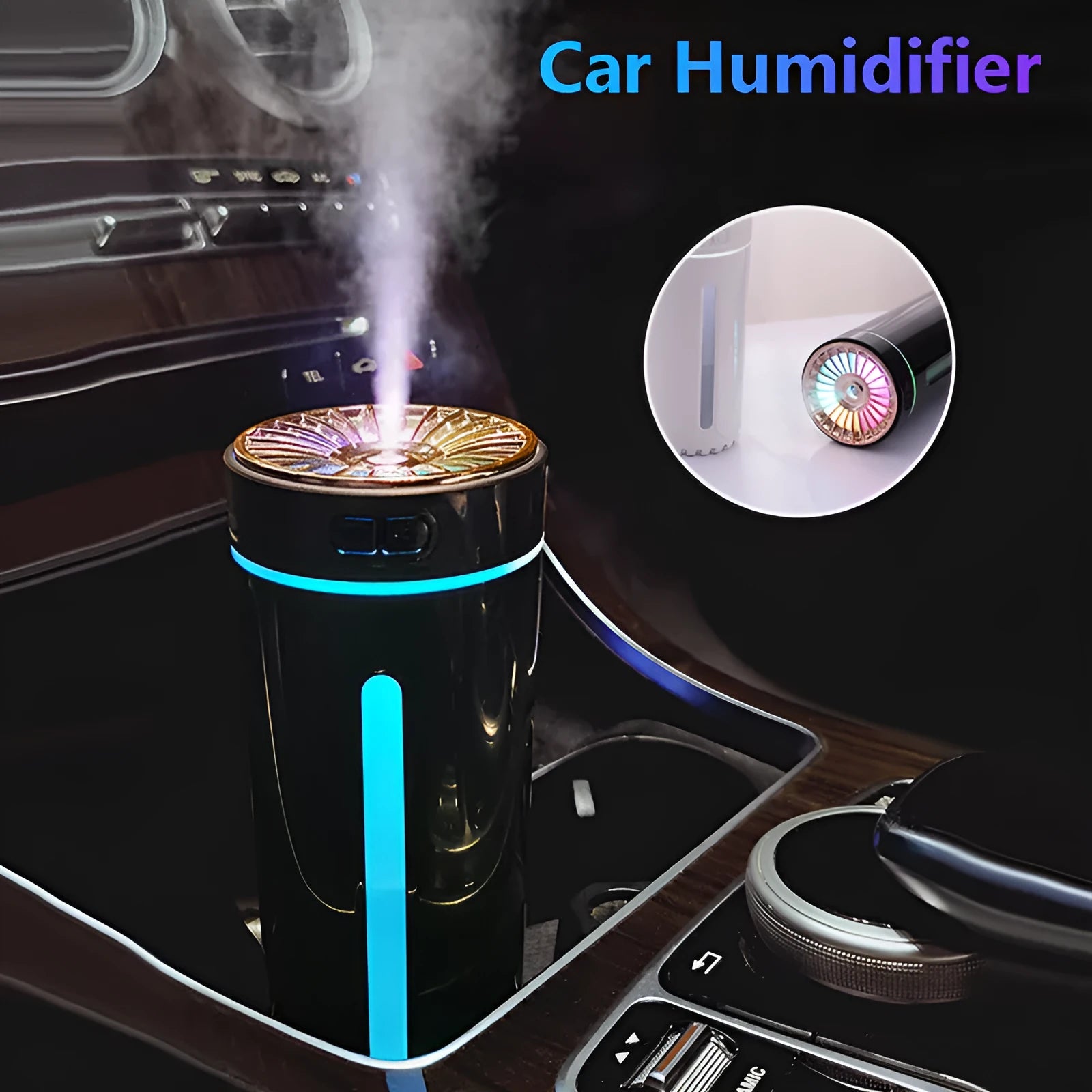 Black portable wireless ultrasonic humidifier with colourful LED lights on a car cup holder.