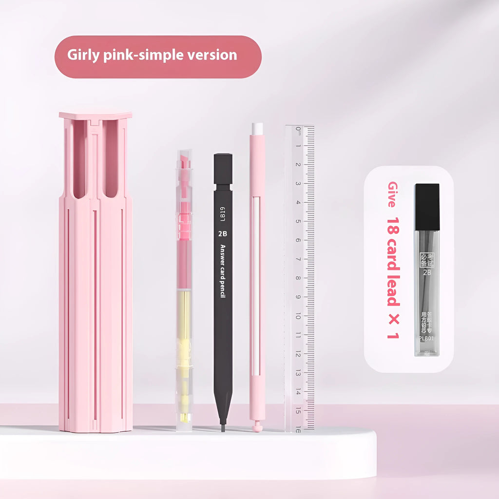 Plastic six pen pencil box set with a pressing pen in Sky Blue, Strong White, or Girl Pink colour options