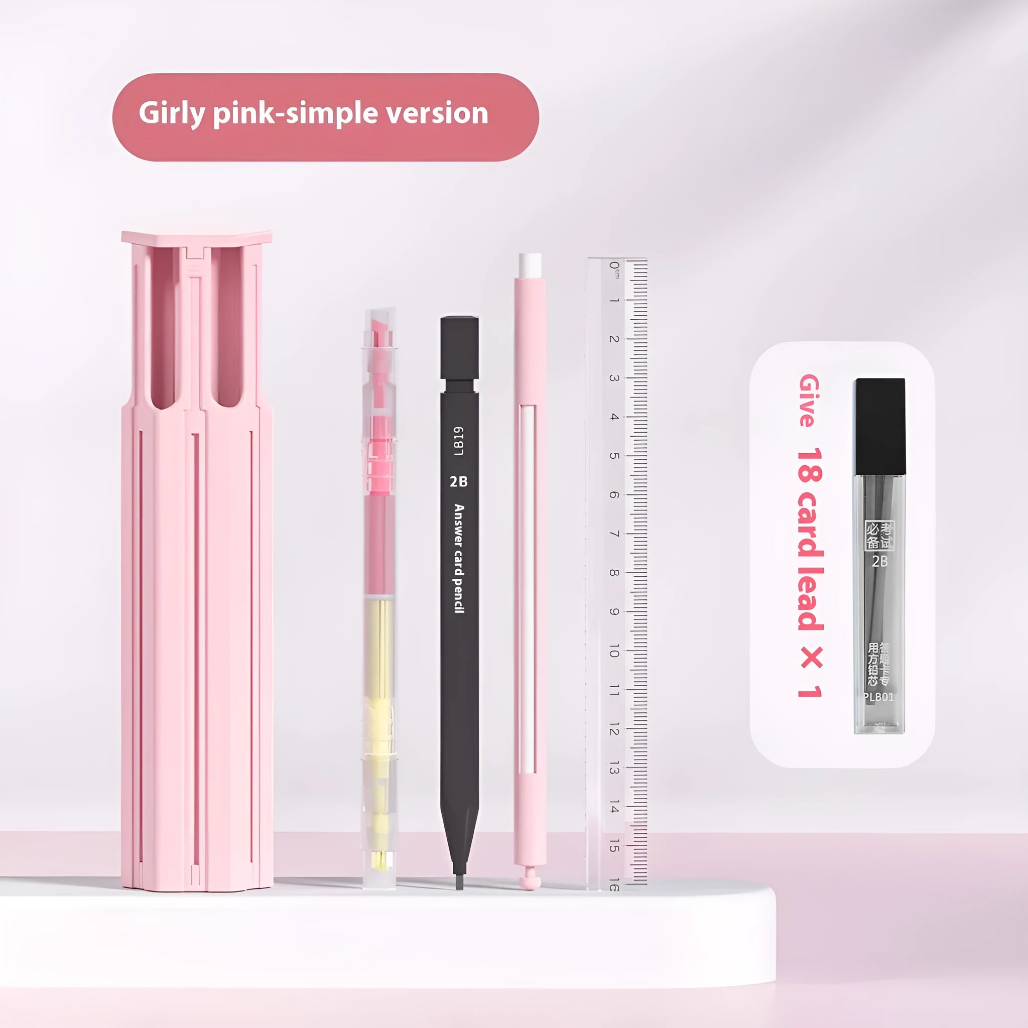 Plastic six pen pencil box set with a pressing pen in Sky Blue, Strong White, or Girl Pink colour options