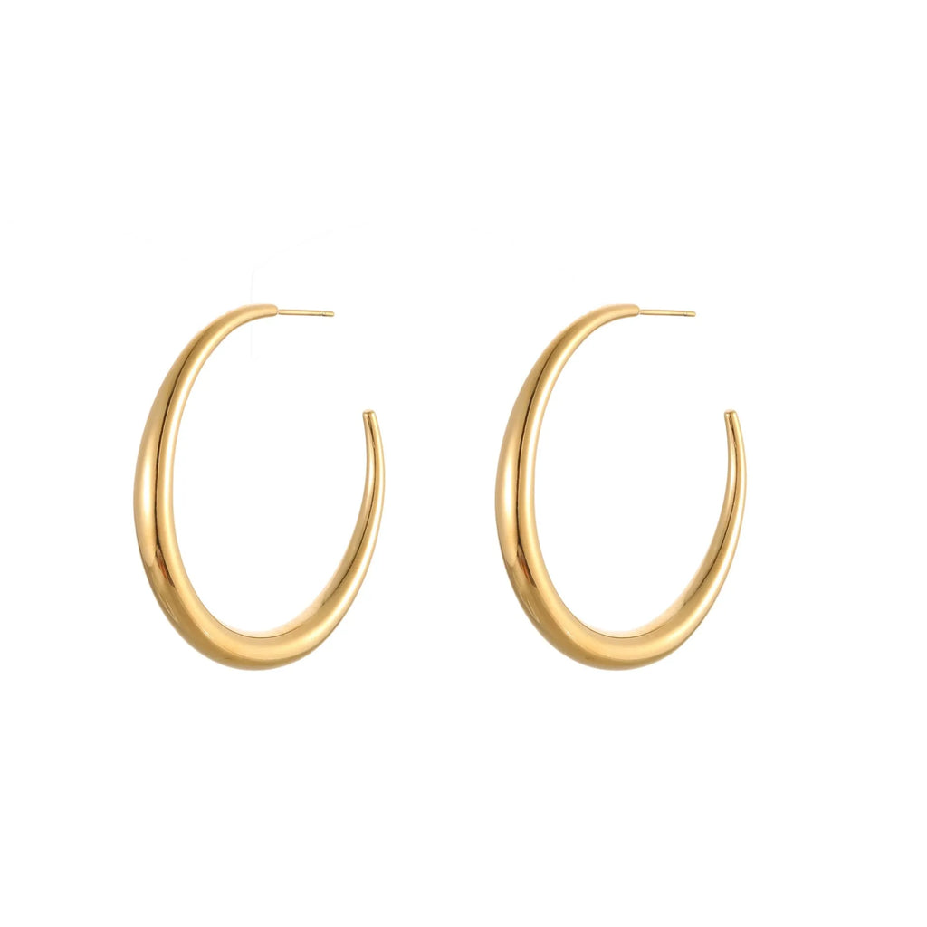 Titanium steel hoop earrings in gold and steel finishes, available in large and small sizes with simple geometric design