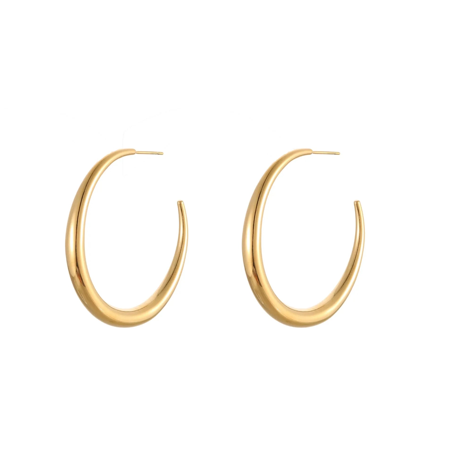 Titanium steel hoop earrings in gold and steel finishes, available in large and small sizes with simple geometric design