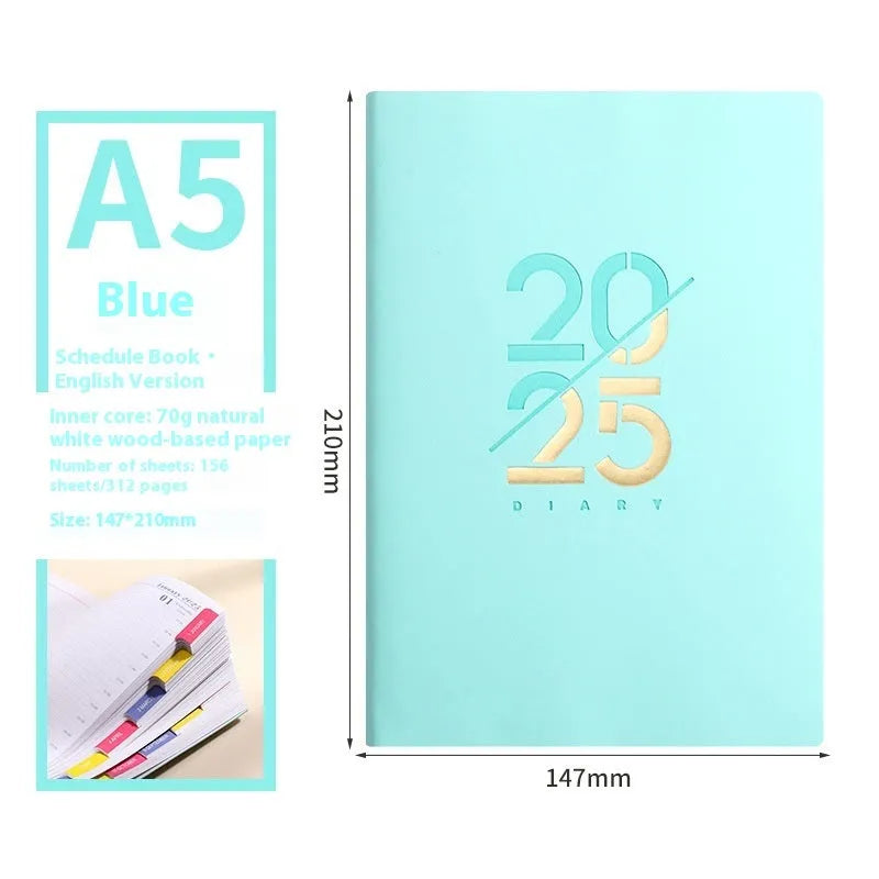 A5 daily planner notebook with faux leather cover open on a desk