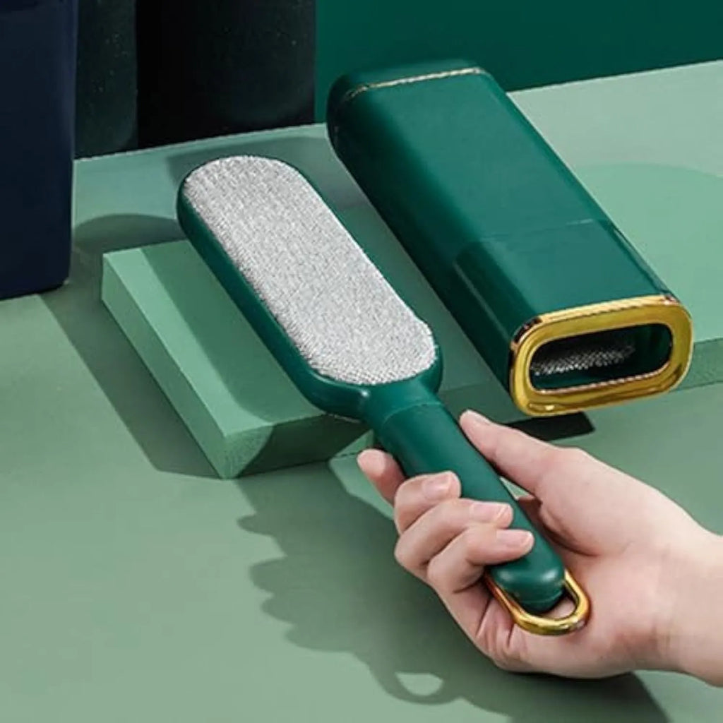 Pet hair removal brush with storage base in blue, green or white colour options