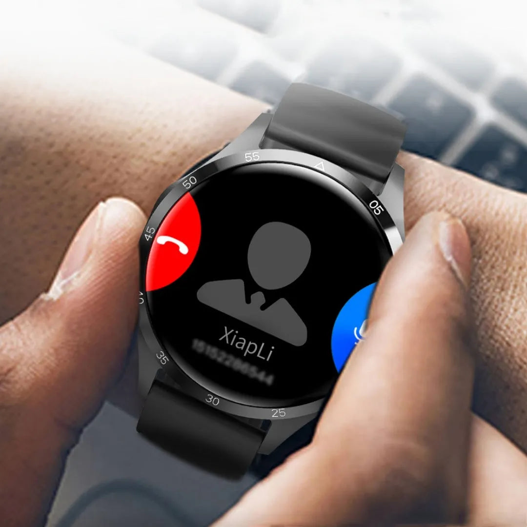 Black Bluetooth smartwatch with health monitoring features on either silicone sport or Milan mesh metal strap