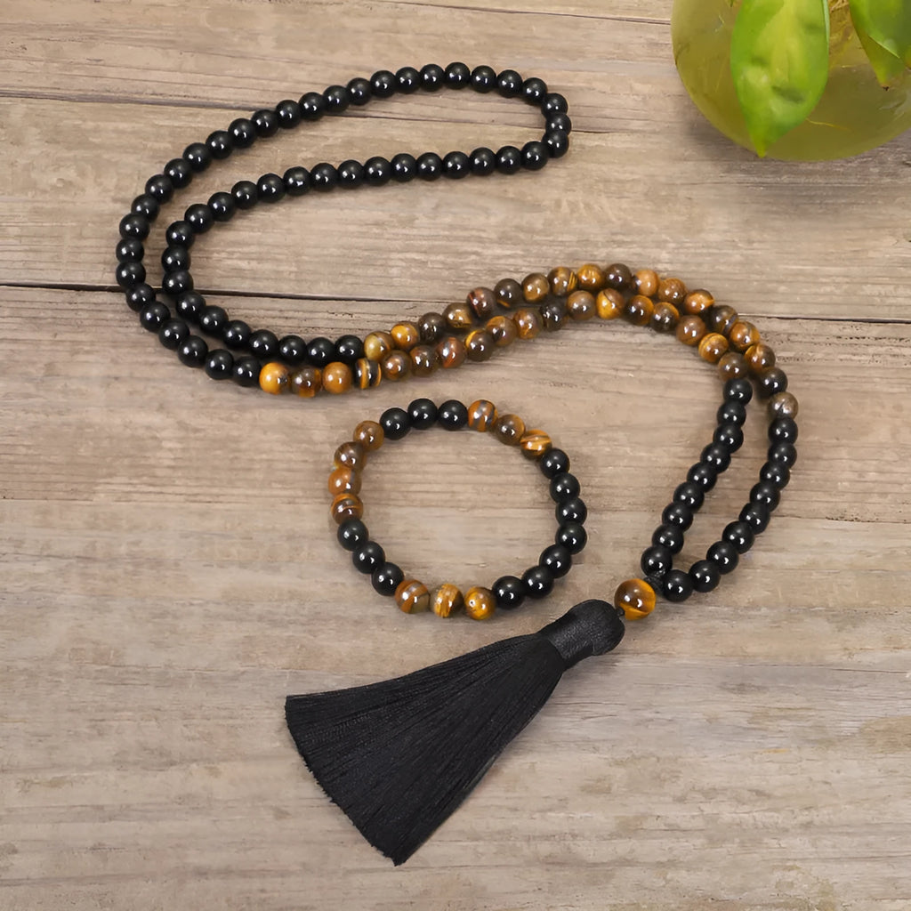 Tiger eye stone tassel sweater chain necklace with drop-shaped pendant on ball bead chain