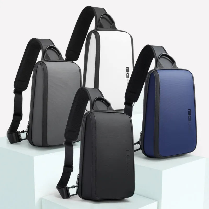 Blue Oxford cloth men's chest bag with double shoulder strap, showing soft handle and 33cm by 21cm by 10cm size.