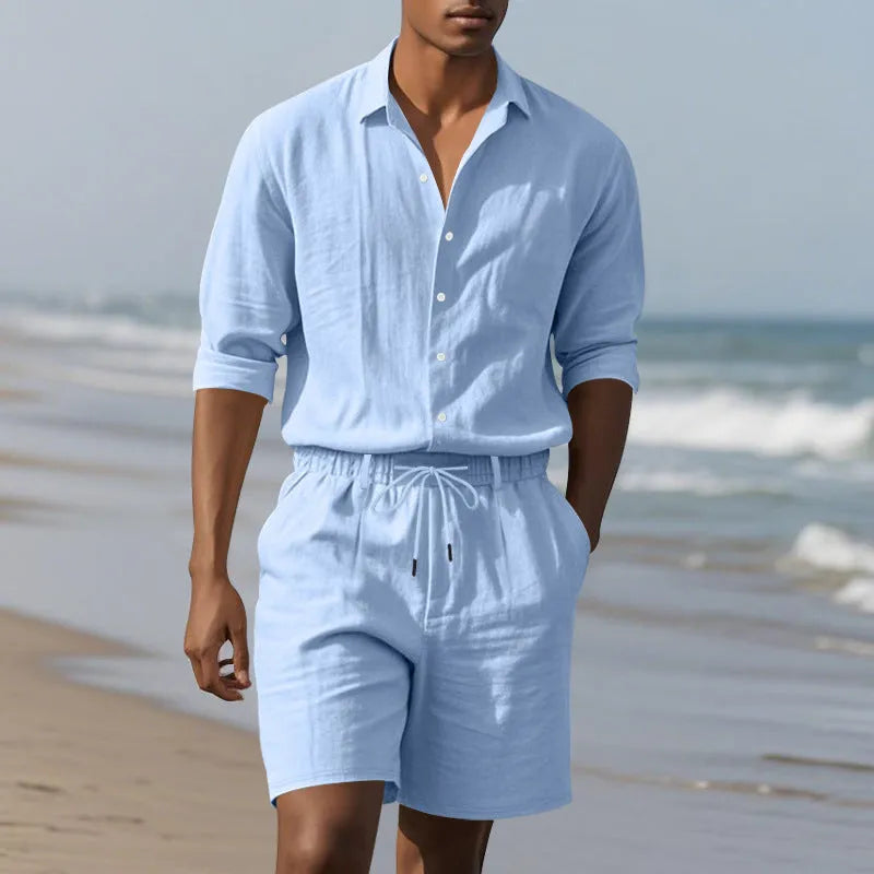Linen casual long sleeve shirt and shorts beach set shown in one of five colour options.