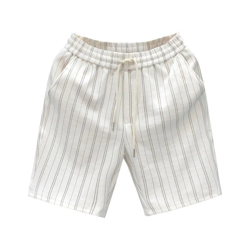 Men's black and white striped fleece-lined casual shorts with double waistband and ankle banded design