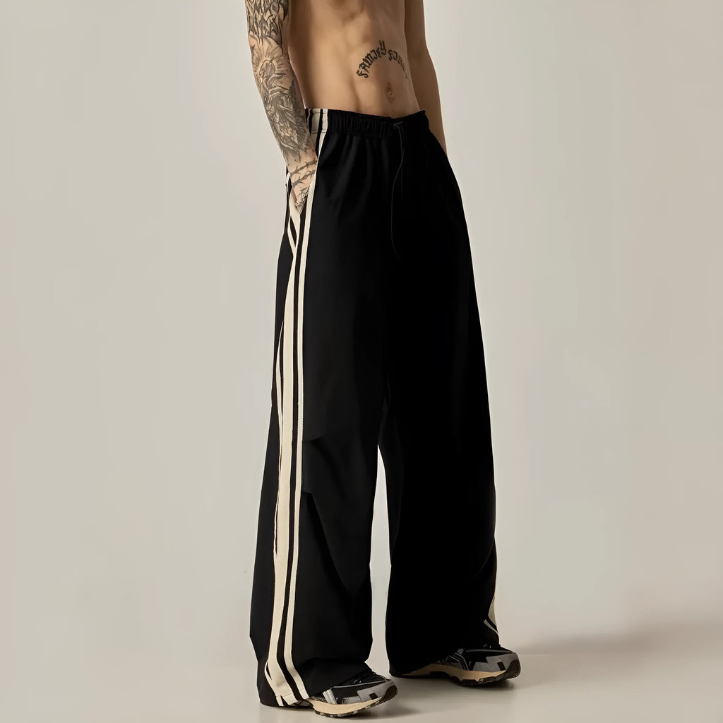 Men's black wide leg climbing trousers with high waist and straight cut in polyester fibre material