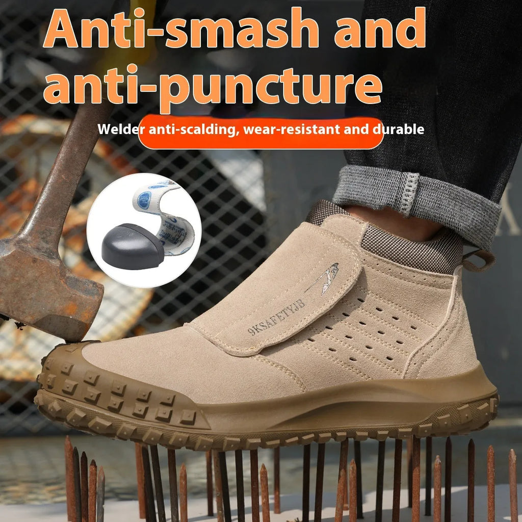 Low-top grey PU leather safety work shoes with lace-up front and steel toe cap on a rubber sole.