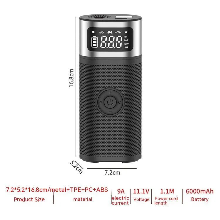 Black portable wireless car air pump with USB charging cable, 15cm tube and multiple nozzles for bicycles, balls and swimming rings
