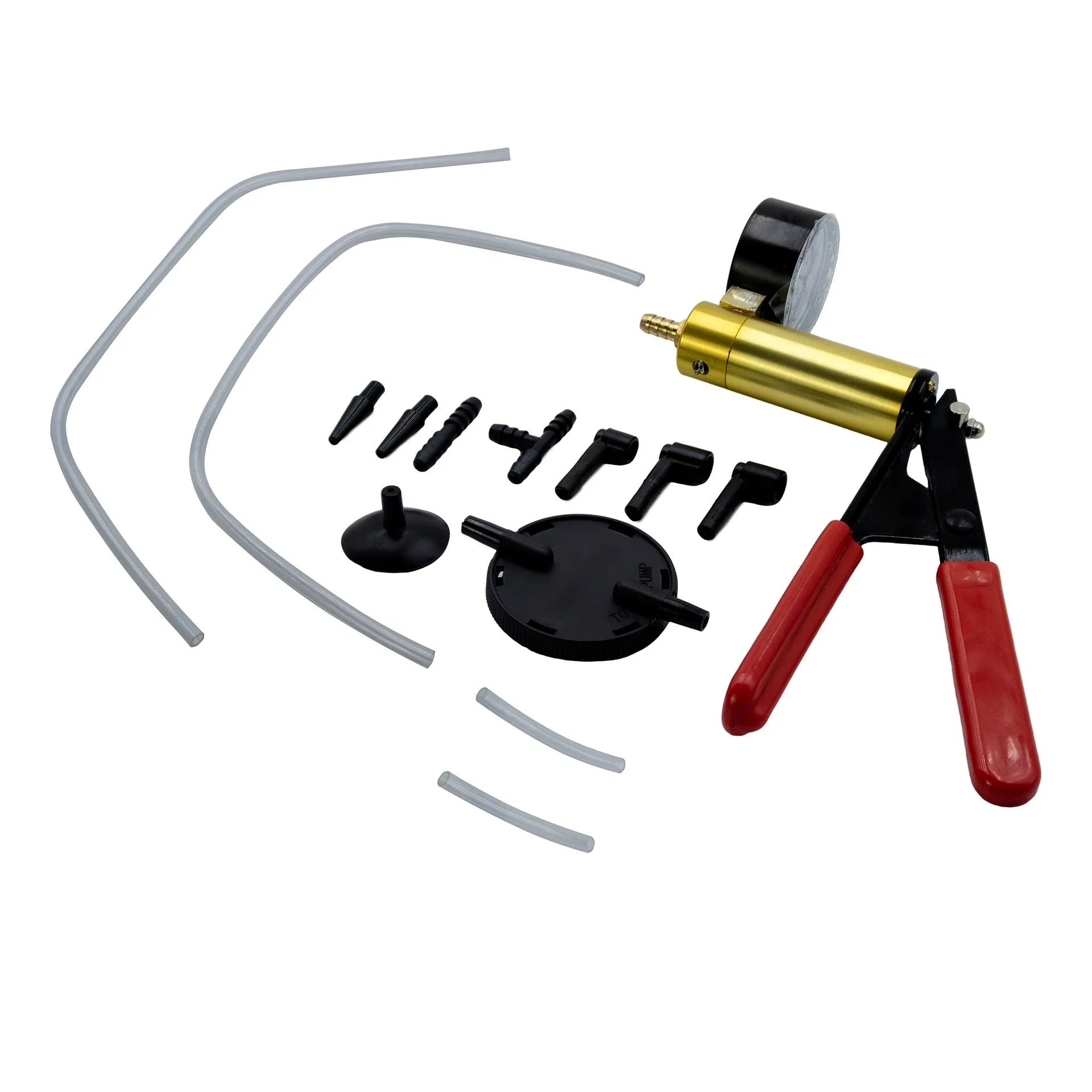 Aluminium alloy manual vacuum air blow gun tool for car repair on a workbench.