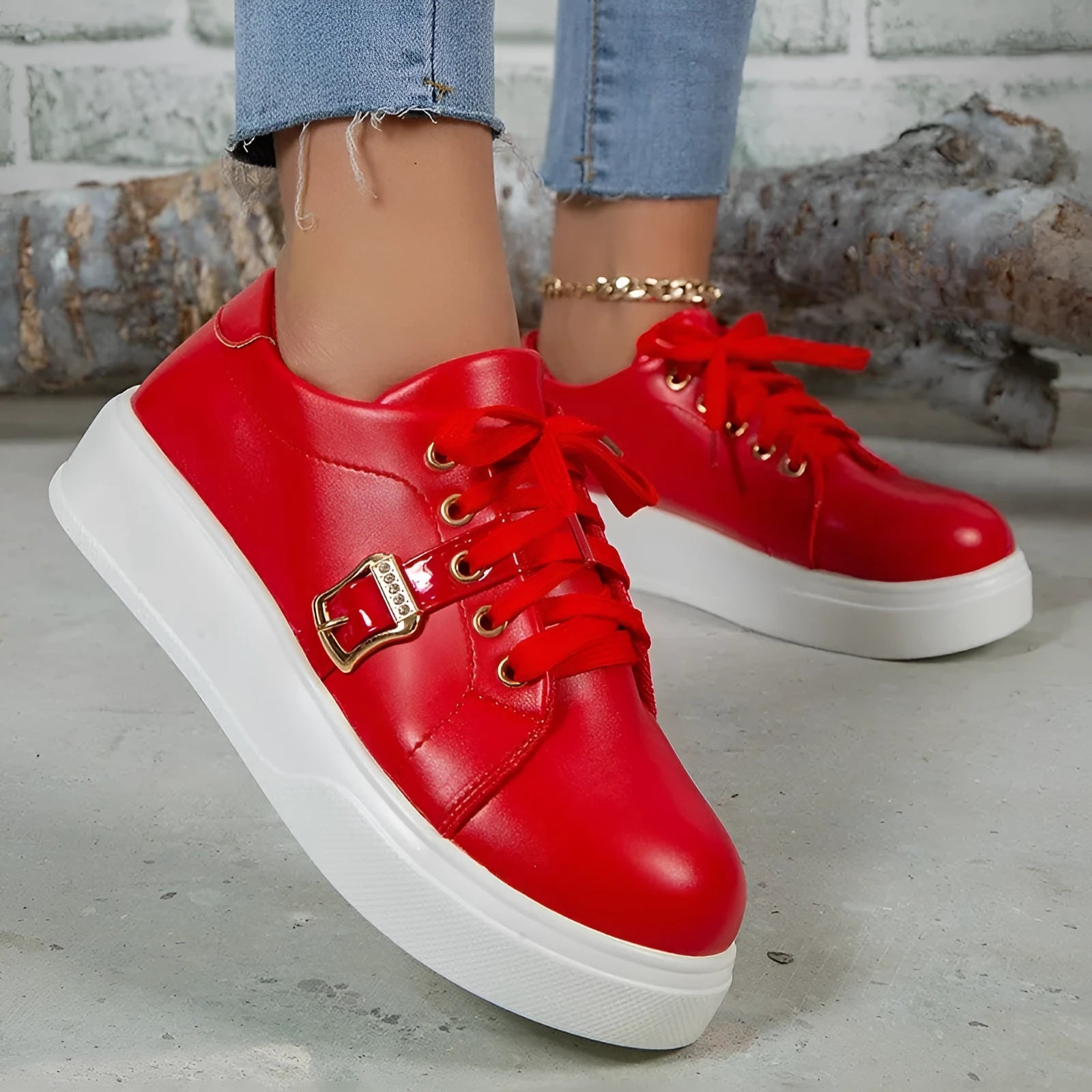 Lace-up flats with metal buckle design, round toe, artificial PU upper, rubber sole, front tie, available in black