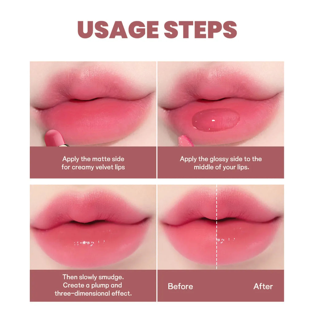 Double-headed lipstick lip gloss in matte finish showing ten colour options with moisturising formula