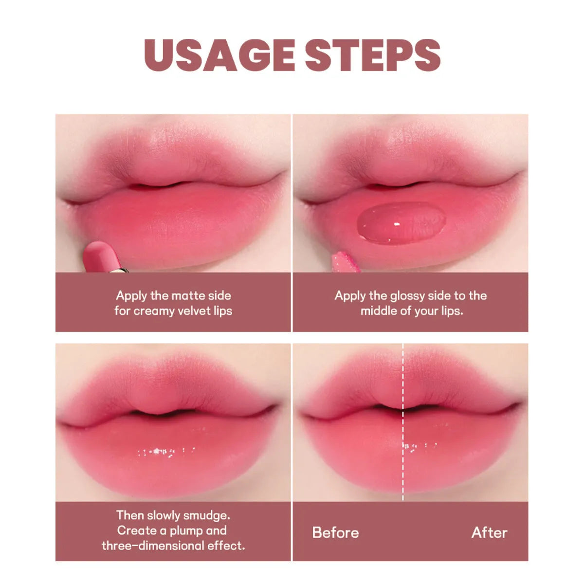 Double-headed lipstick lip gloss in matte finish showing ten colour options with moisturising formula