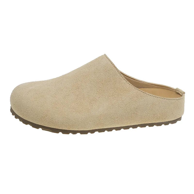 Korean style flat slip-on slippers in apricot colour with a square toe and PU sole.