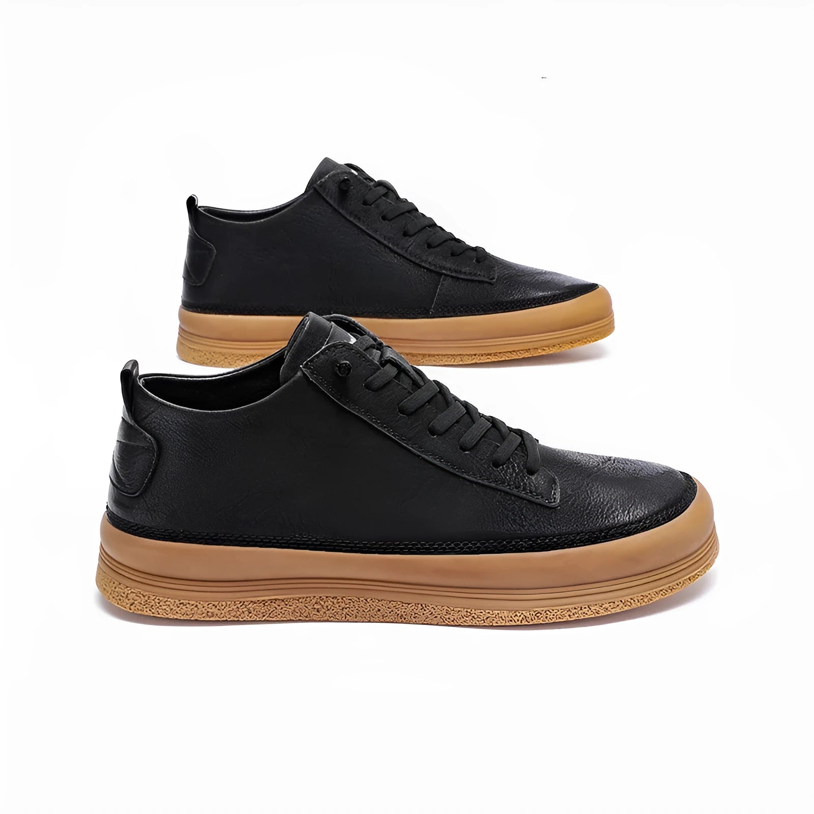 Men's black casual leather shoes with round toe and lace-up closure on white background