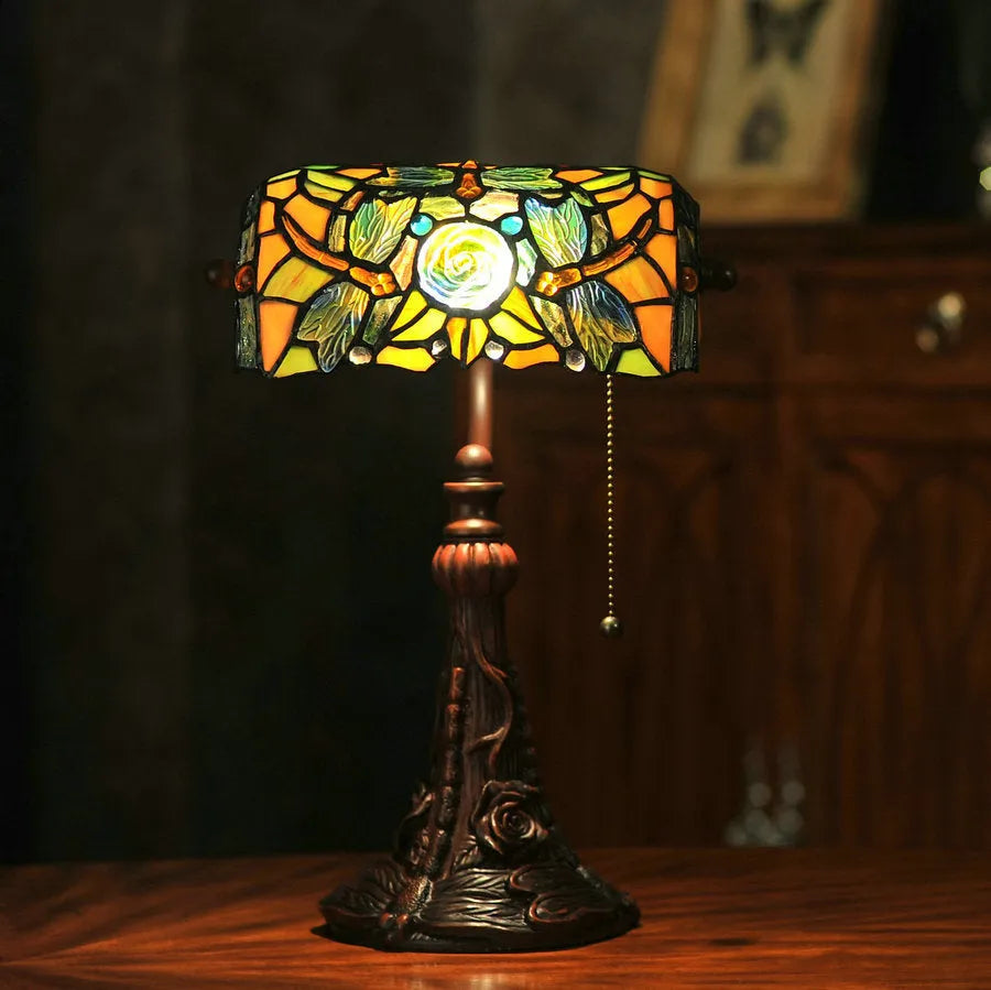 10-inch Tiffany stained glass table lamp with coloured shade on resin base for desk lighting