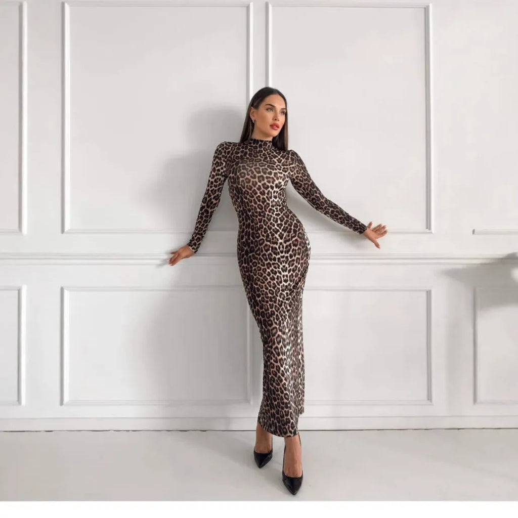 Leopard print long sleeve dress with stand collar and high waist design in milk silk polyester fabric