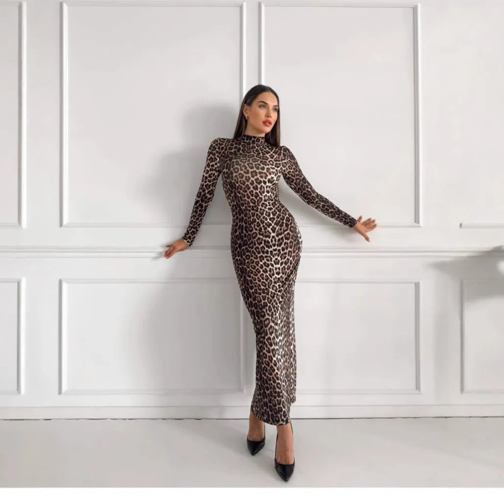 Leopard print long sleeve dress with stand collar and high waist design in milk silk polyester fabric