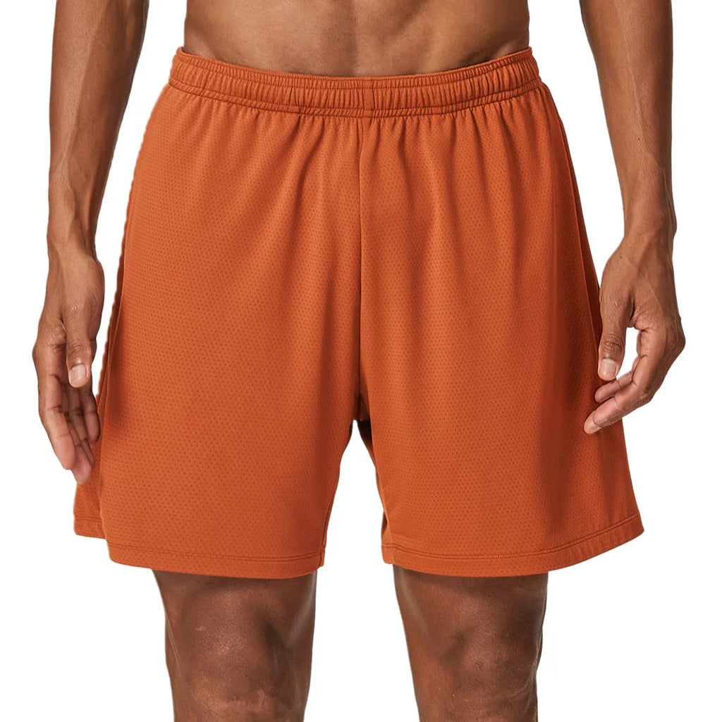 Men's sky green quick-drying running shorts with mid-waist design on a plain background.