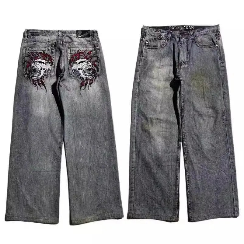 Men's grey wide-leg straight-cut jeans with a washed-out retro workwear design.