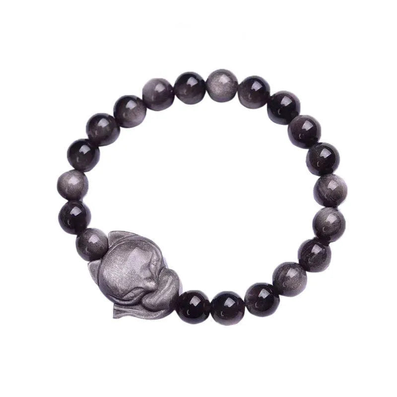 Obsidian fox charm bracelet with 8mm polished stone pendant on a black elastic cord.