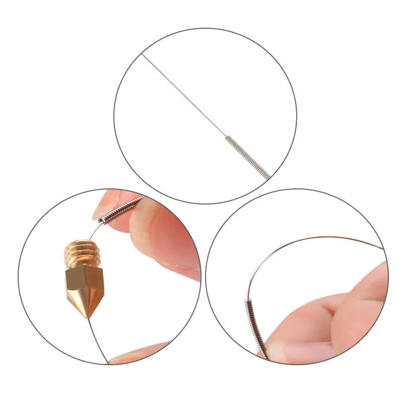 3D printer nozzle cleaning needles for Mk8 and E3D hotends in five sizes from 0.2mm to 0.4mm diameter