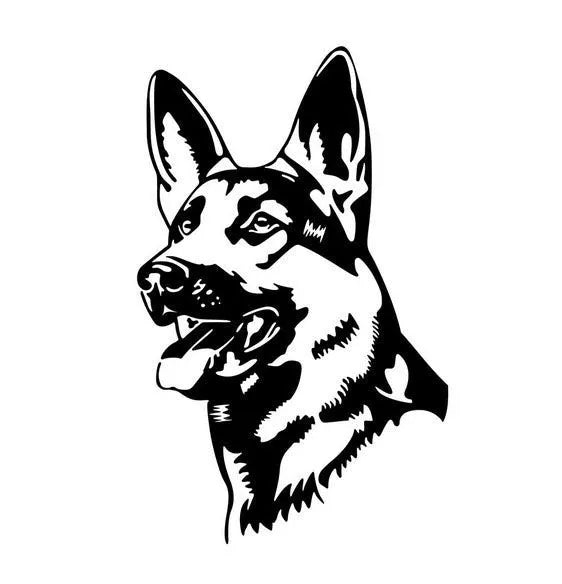 Reflective Alsatian German Shepherd silhouette car sticker on a white background, 13cm by 8cm.