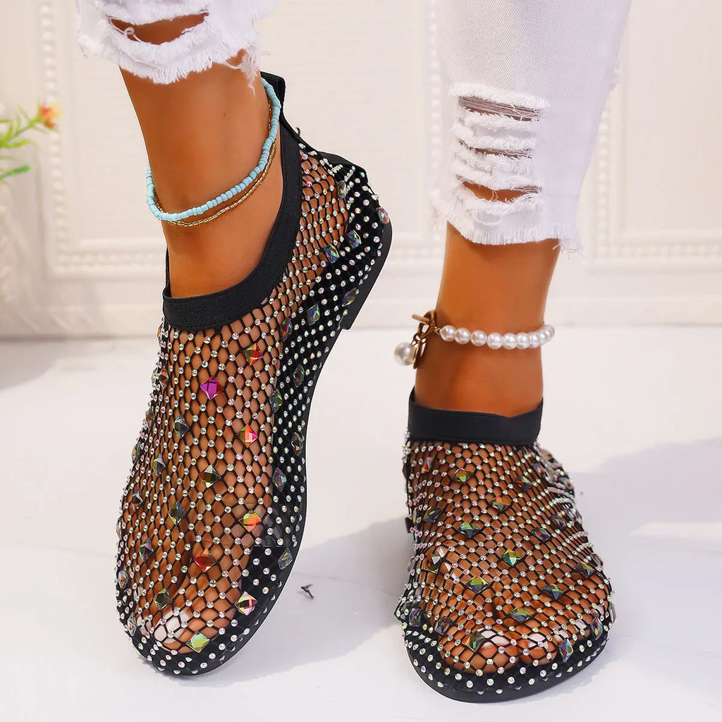 Women's flat sandals with mesh uppers, colourful rhinestone decoration and rubber soles