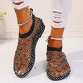 Women's flat sandals with mesh uppers, colourful rhinestone decoration and rubber soles